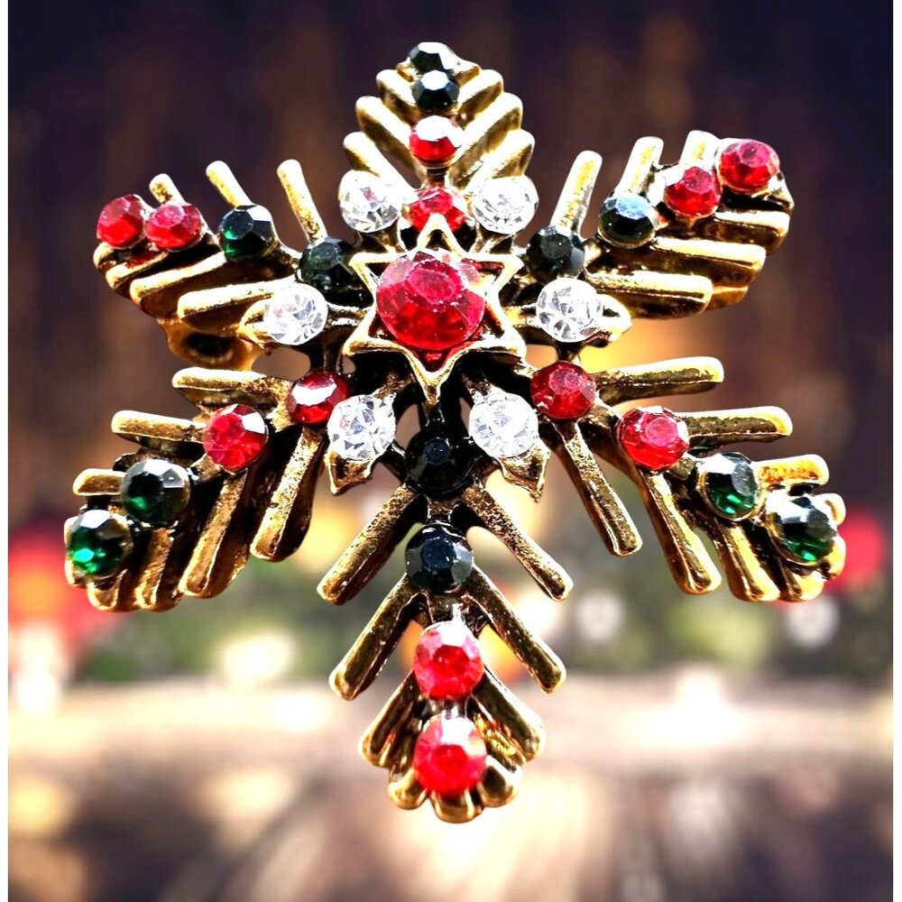 Christmas Snowflake Brooch Pin Star Red Green Crystal Accents Festive Wi… - Picture 8 of 12